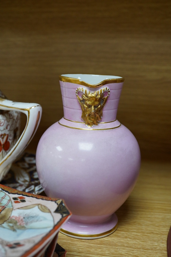 A pair of Victorian bone china figural dishes, an Imari pattern teaset, together with other wares. Condition - mostly fair